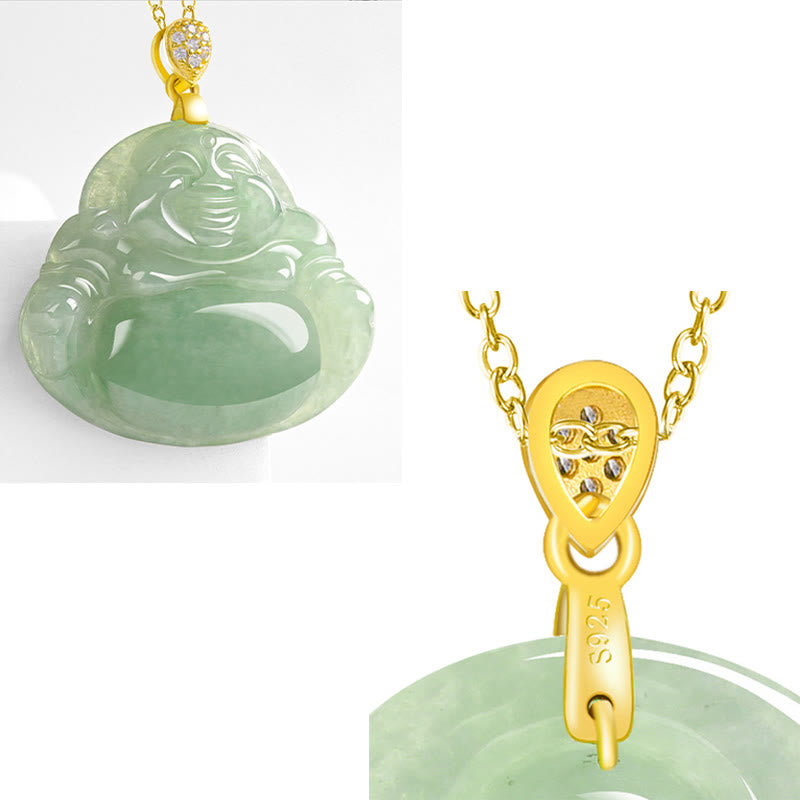 Buddha Stones 925 Sterling Silver Natural Jade Laughing Buddha Luck Prosperity Chain Necklace Pendant - image 10