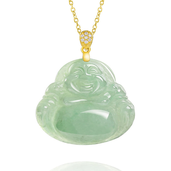 Buddha Stones 925 Sterling Silver Natural Jade Laughing Buddha Luck Prosperity Chain Necklace Pendant - image 9
