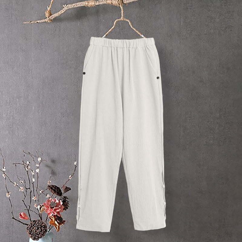 Buddha Stones Casual Pure Color Hollow Button Cuff Design Women's Cotton Linen Pants With Pockets - White - US14,UK/AU18,EU46 (3XL) - image 10