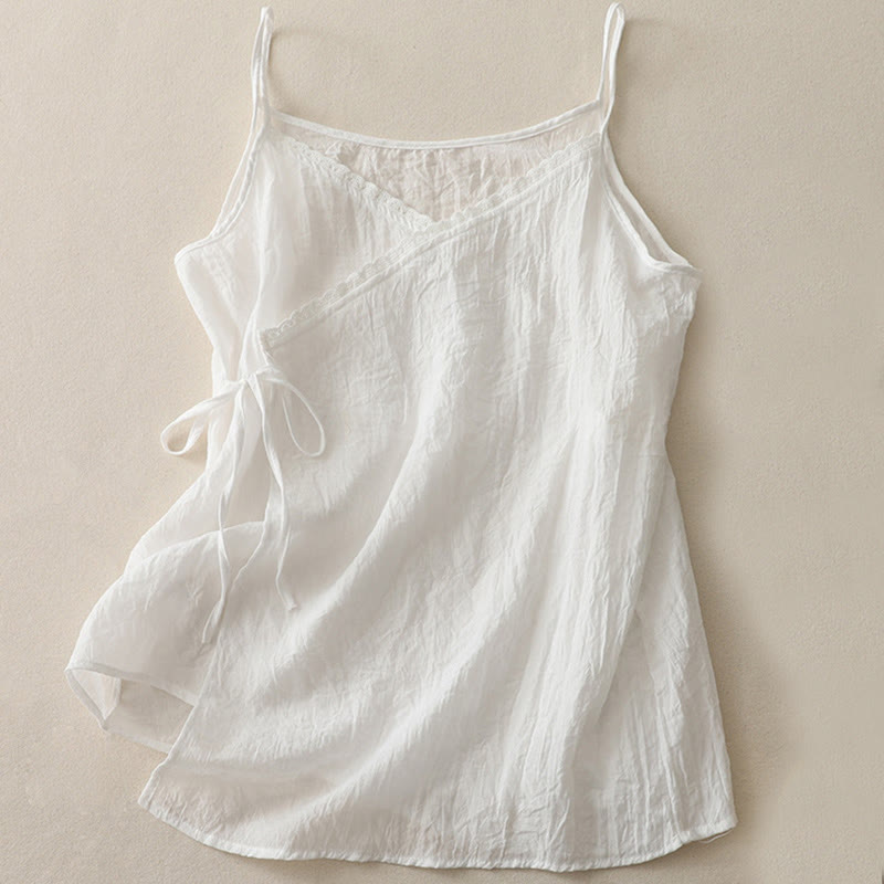 Buddha Stones Vintage Side Lace-up Splicing Lace V-neck Sleeveless Women's  Vest - White - US12,UK/AU16,EU44 (2XL) - image 4