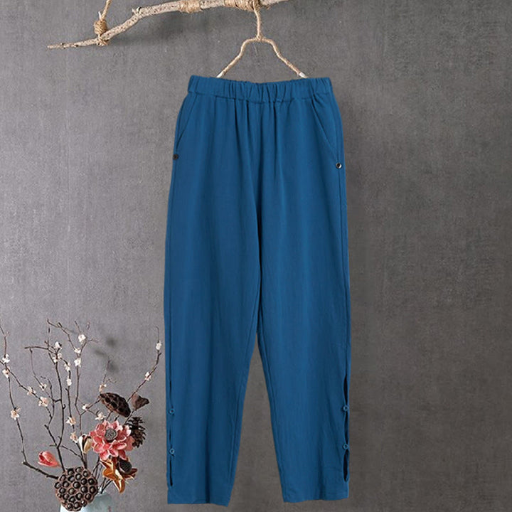 Buddha Stones Casual Pure Color Hollow Button Cuff Design Women's Cotton Linen Pants With Pockets - SteelBlue - US14,UK/AU18,EU46 (3XL) - image 25