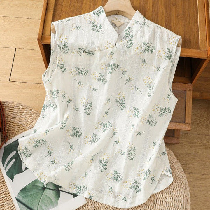 Buddha Stones Retro Printing Floral Plant Pattern Chinese Frog-Button Design Women's Cotton Sleeveless Vest - White - US8-10,UK/AU12-14,EU40-42 (2XL) - image 0