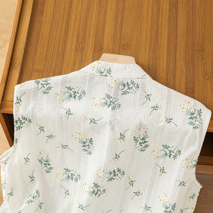 Buddha Stones Retro Printing Floral Plant Pattern Chinese Frog-Button Design Women's Cotton Sleeveless Vest - image 3