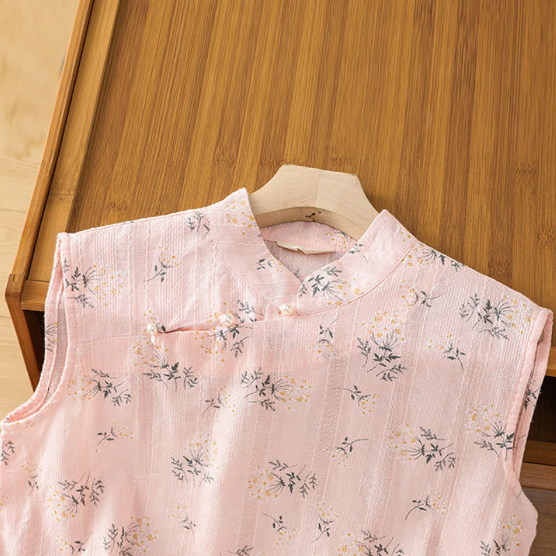 Buddha Stones Retro Printing Floral Plant Pattern Chinese Frog-Button Design Women's Cotton Sleeveless Vest - image 12