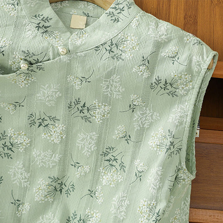 Buddha Stones Retro Printing Floral Plant Pattern Chinese Frog-Button Design Women's Cotton Sleeveless Vest - image 21