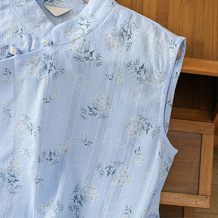 Buddha Stones Retro Printing Floral Plant Pattern Chinese Frog-Button Design Women's Cotton Sleeveless Vest - image 25