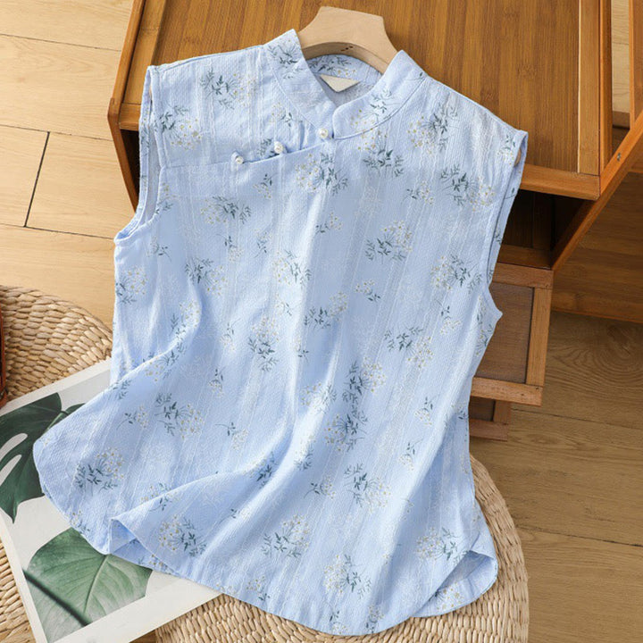Buddha Stones Retro Printing Floral Plant Pattern Chinese Frog-Button Design Women's Cotton Sleeveless Vest - CornflowerBlue - US8-10,UK/AU12-14,EU40-42 (2XL) - image 23
