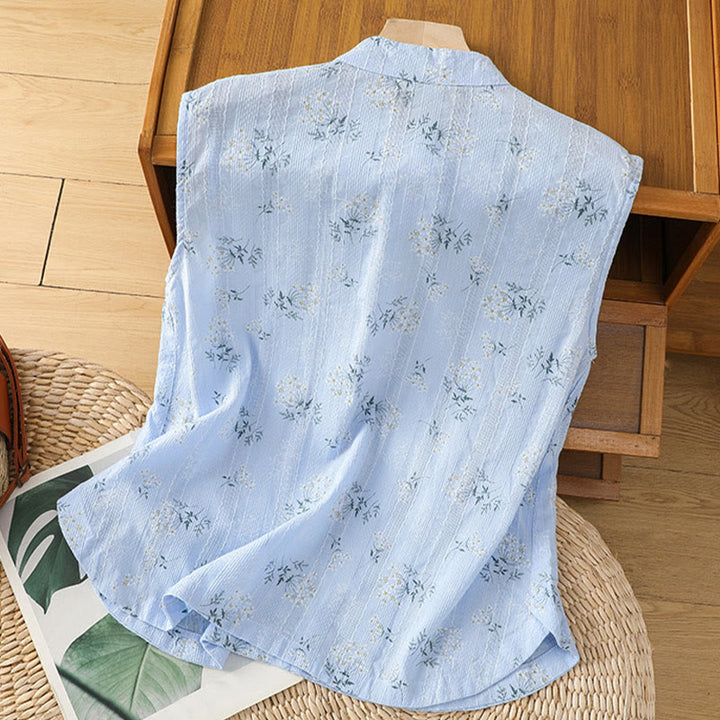 Buddha Stones Retro Printing Floral Plant Pattern Chinese Frog-Button Design Women's Cotton Sleeveless Vest - image 24