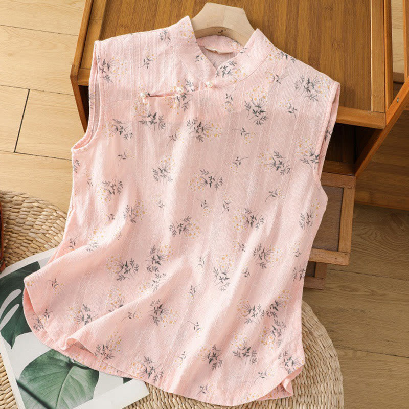 Buddha Stones Retro Printing Floral Plant Pattern Chinese Frog-Button Design Women's Cotton Sleeveless Vest - Pink - US8-10,UK/AU12-14,EU40-42 (2XL) - image 10