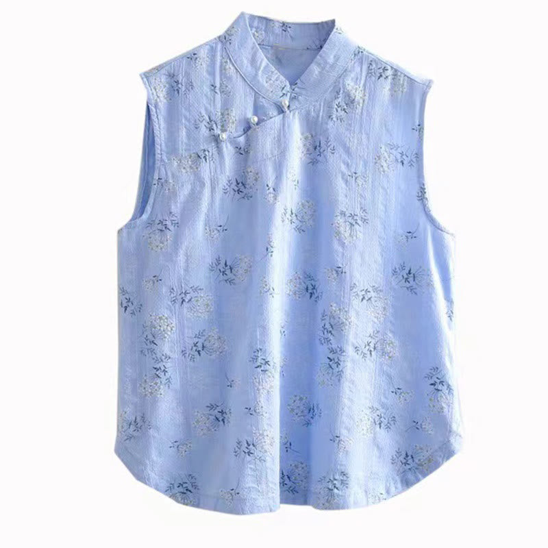 Buddha Stones Retro Printing Floral Plant Pattern Chinese Frog-Button Design Women's Cotton Sleeveless Vest - image 29