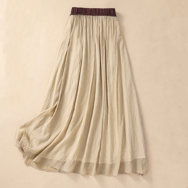 Buddha Stones Casual Contrasting Color Pleated Lace-Up Design Women's Cotton Linen 7-8 Length Skirt - image 1