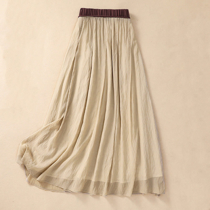 Buddha Stones Casual Contrasting Color Pleated Lace-Up Design Women's Cotton Linen 7-8 Length Skirt - image 1