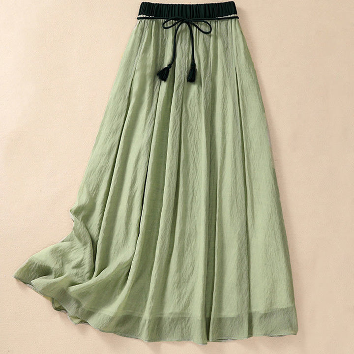 Buddha Stones Casual Contrasting Color Pleated Lace-Up Design Women's Cotton Linen 7-8 Length Skirt - image 24