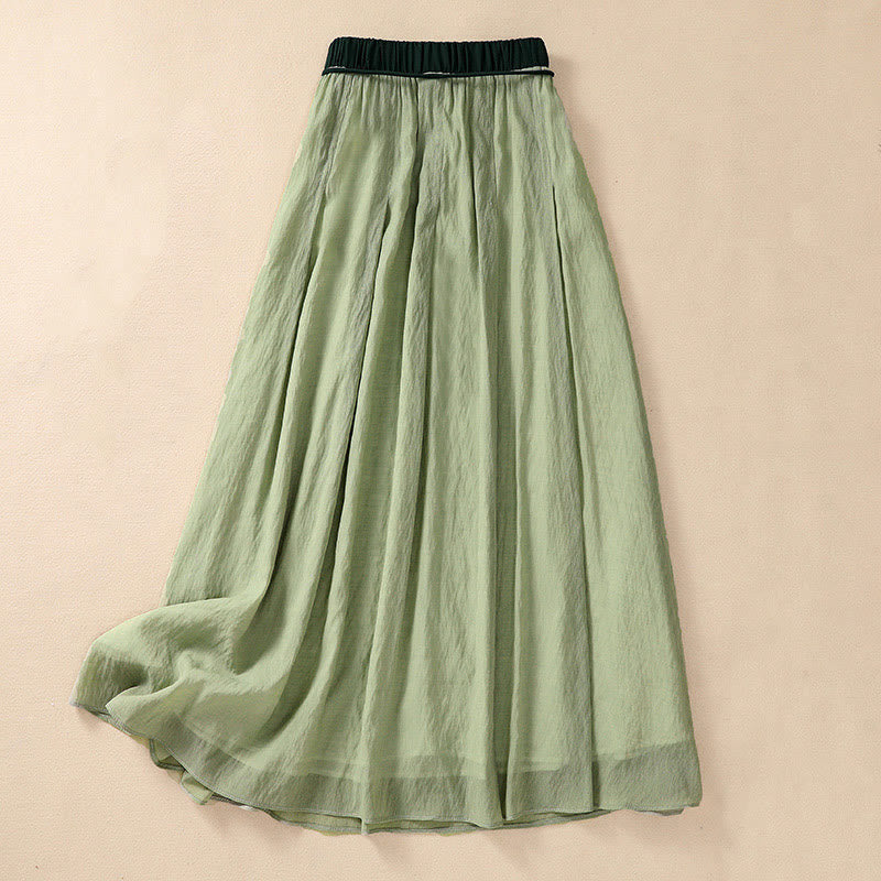 Buddha Stones Casual Contrasting Color Pleated Lace-Up Design Women's Cotton Linen 7-8 Length Skirt - LightGreen - US8-10,UK/AU12-14,EU40-42 (2XL) - image 23