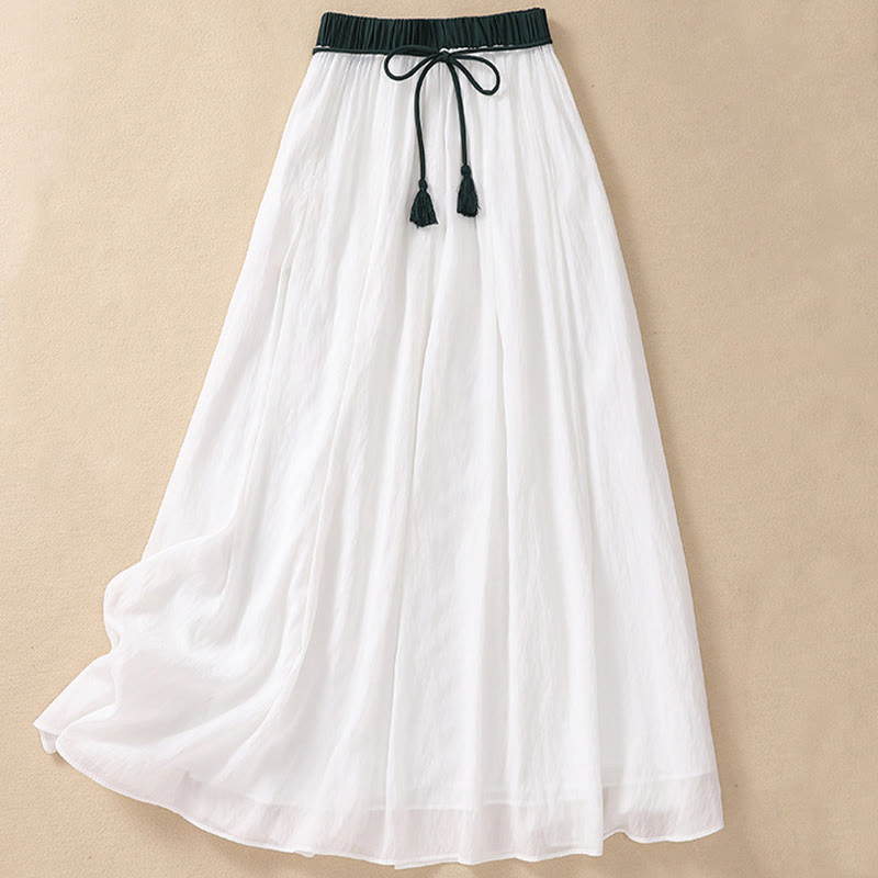 Buddha Stones Casual Contrasting Color Pleated Lace-Up Design Women's Cotton Linen 7-8 Length Skirt - image 11