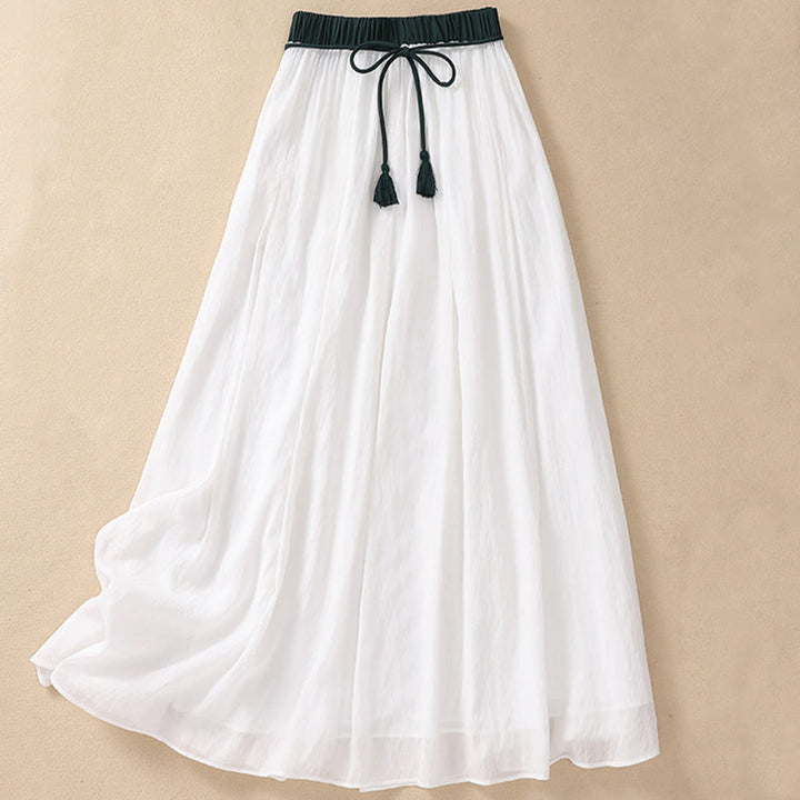 Buddha Stones Casual Contrasting Color Pleated Lace-Up Design Women's Cotton Linen 7-8 Length Skirt - image 11