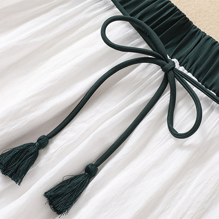 Buddha Stones Casual Contrasting Color Pleated Lace-Up Design Women's Cotton Linen 7-8 Length Skirt - image 13