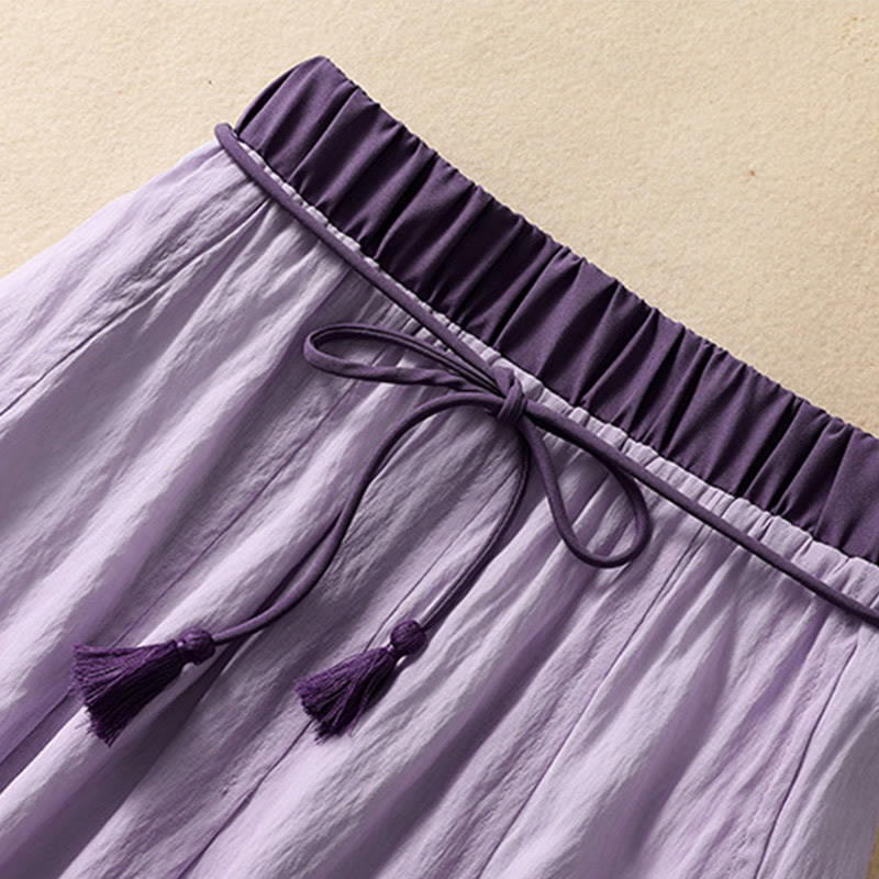 Buddha Stones Casual Contrasting Color Pleated Lace-Up Design Women's Cotton Linen 7-8 Length Skirt - image 18