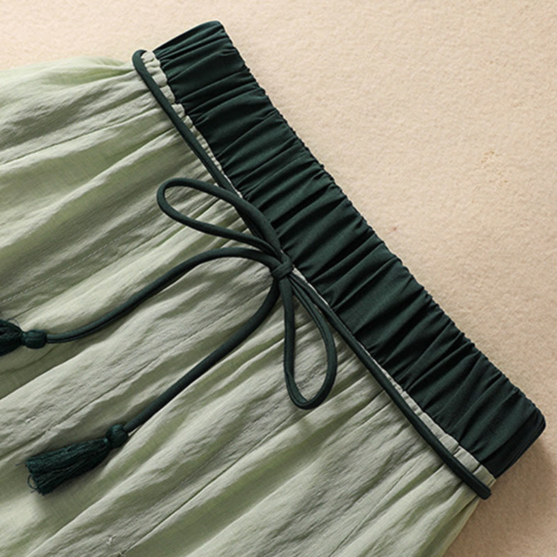 Buddha Stones Casual Contrasting Color Pleated Lace-Up Design Women's Cotton Linen 7-8 Length Skirt - image 25