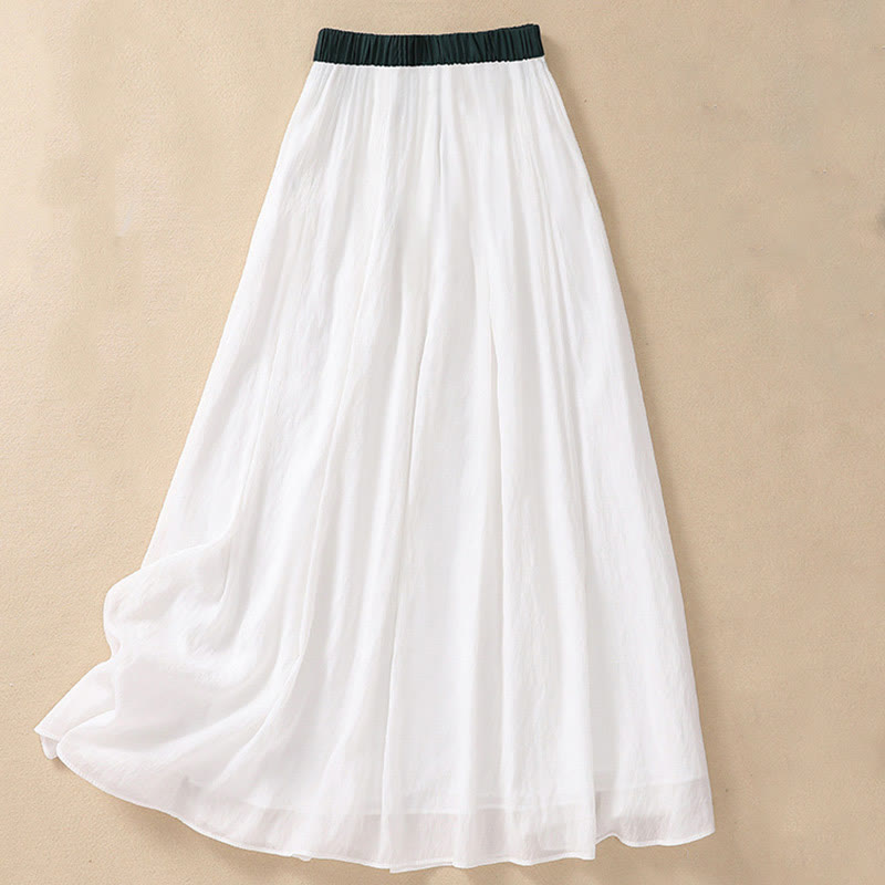 Buddha Stones Casual Contrasting Color Pleated Lace-Up Design Women's Cotton Linen 7-8 Length Skirt - White - US8-10,UK/AU12-14,EU40-42 (2XL) - image 10