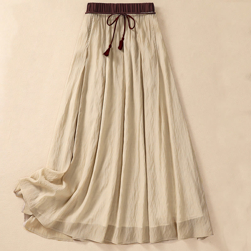 Buddha Stones Casual Contrasting Color Pleated Lace-Up Design Women's Cotton Linen 7-8 Length Skirt - PaleGoldenrod - US8-10,UK/AU12-14,EU40-42 (2XL) - image 0