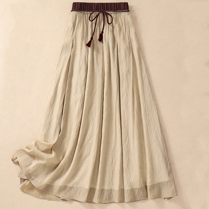 Buddha Stones Casual Contrasting Color Pleated Lace-Up Design Women's Cotton Linen 7-8 Length Skirt - PaleGoldenrod - US8-10,UK/AU12-14,EU40-42 (2XL) - image 0