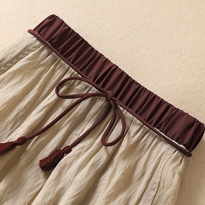 Buddha Stones Casual Contrasting Color Pleated Lace-Up Design Women's Cotton Linen 7-8 Length Skirt - image 2