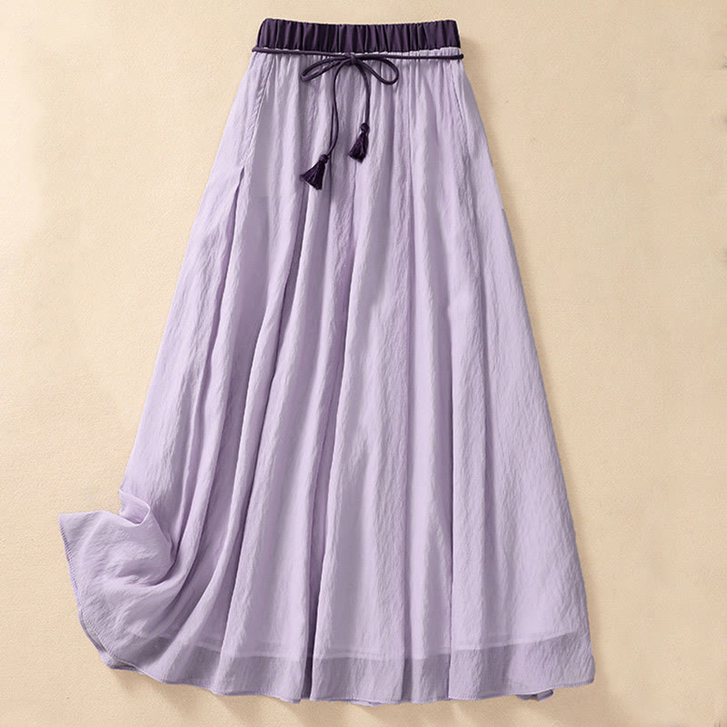 Buddha Stones Casual Contrasting Color Pleated Lace-Up Design Women's Cotton Linen 7-8 Length Skirt - Plum - US8-10,UK/AU12-14,EU40-42 (2XL) - image 16
