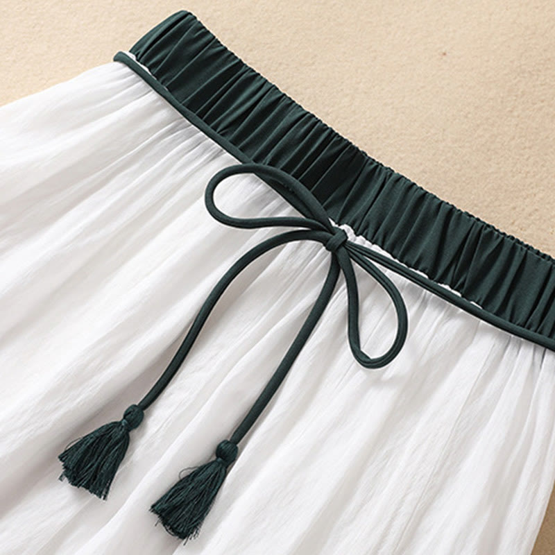 Buddha Stones Casual Contrasting Color Pleated Lace-Up Design Women's Cotton Linen 7-8 Length Skirt - image 12