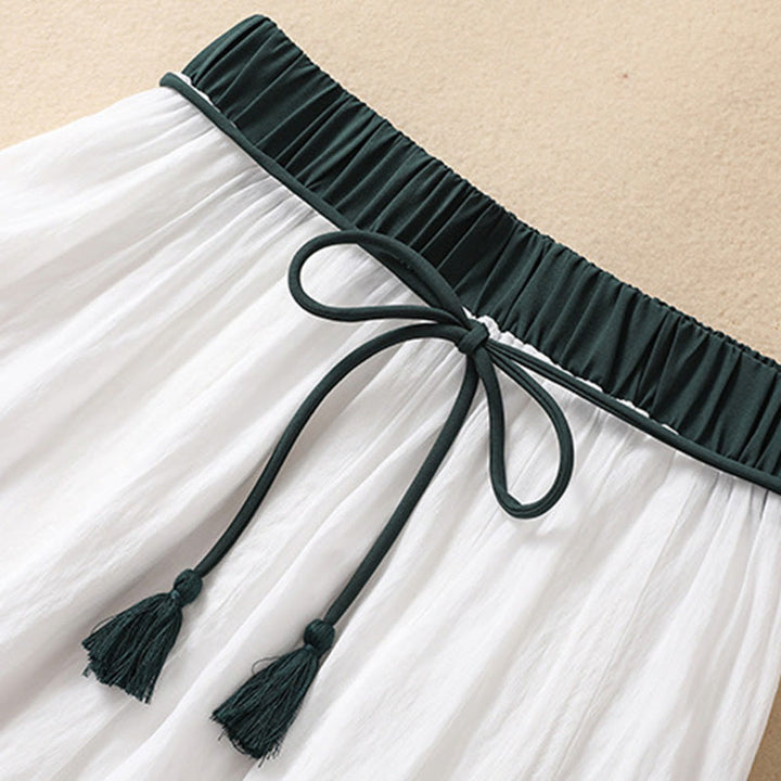 Buddha Stones Casual Contrasting Color Pleated Lace-Up Design Women's Cotton Linen 7-8 Length Skirt - image 12