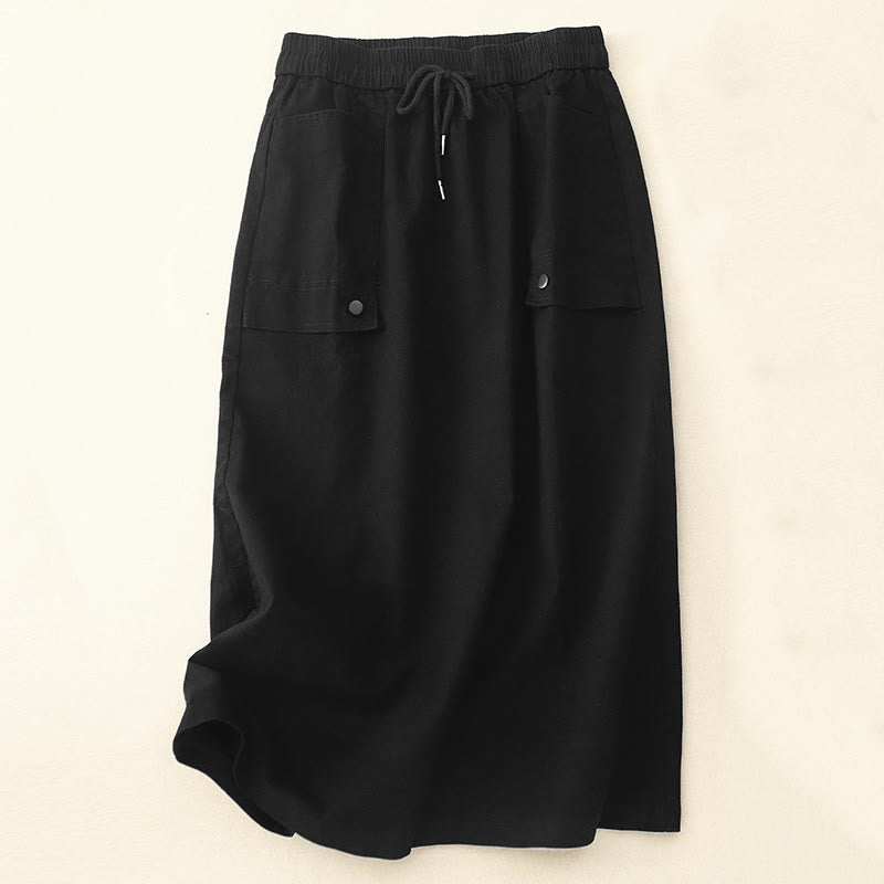 Buddha Stones Vintage Plain Drawstring Button Design Slide Slite Women's Cotton Linen 7-8 Length Skirt With Pockets - Black - US8-10,UK/AU12-14,EU40-42 (2XL) - image 7