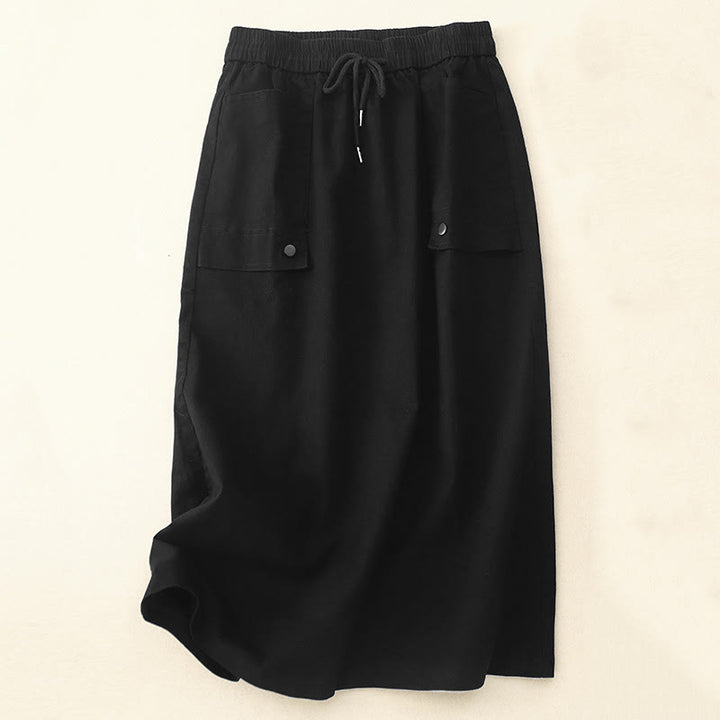 Buddha Stones Vintage Plain Drawstring Button Design Slide Slite Women's Cotton Linen 7-8 Length Skirt With Pockets - Black - US8-10,UK/AU12-14,EU40-42 (2XL) - image 7