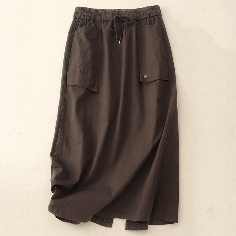 Buddha Stones Vintage Plain Drawstring Button Design Slide Slite Women's Cotton Linen 7-8 Length Skirt With Pockets - SaddleBrown - US8-10,UK/AU12-14,EU40-42 (2XL) - image 11