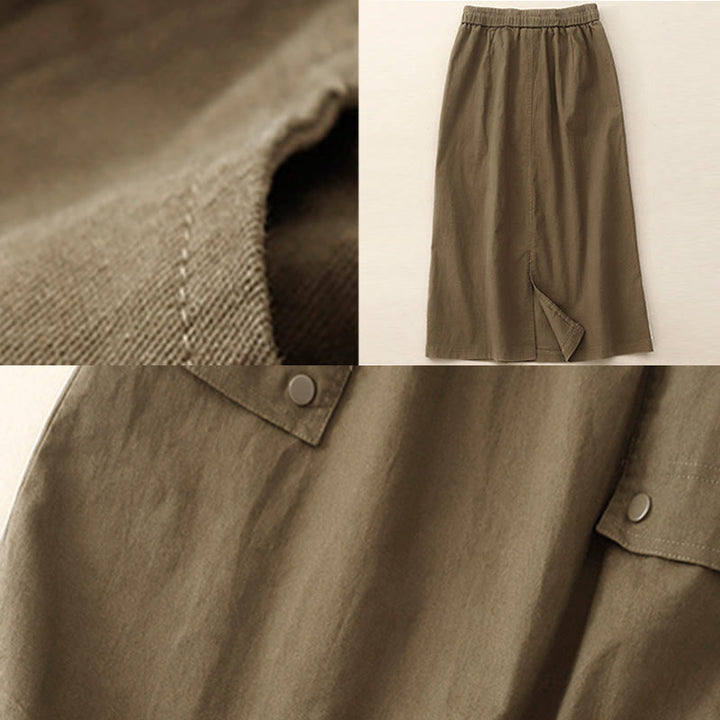 Buddha Stones Vintage Plain Drawstring Button Design Slide Slite Women's Cotton Linen 7-8 Length Skirt With Pockets - image 4