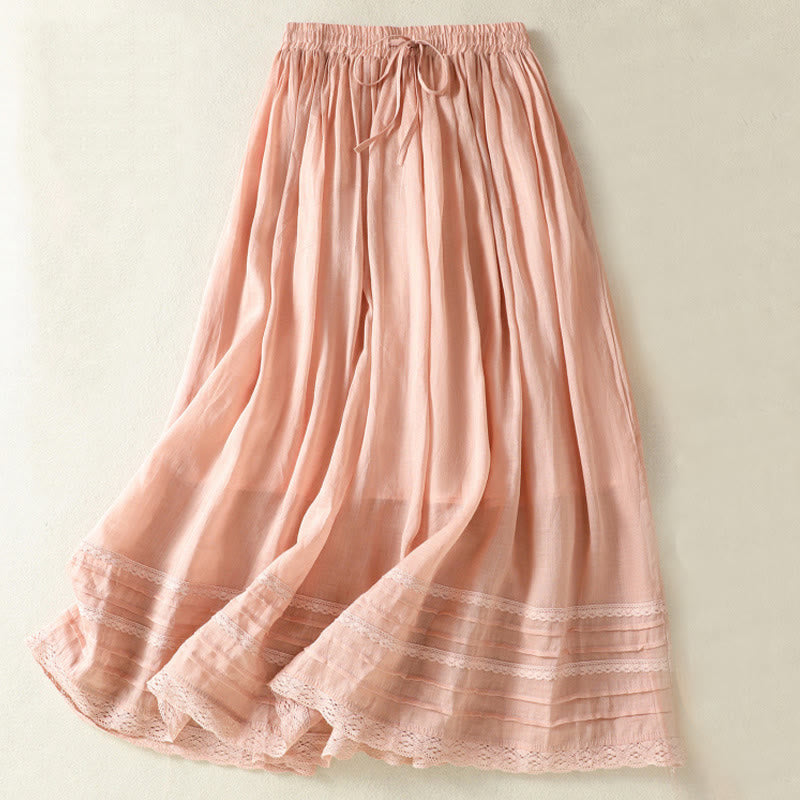 Buddha Stones Summer Plain Drawstring Lace Patchwork Design Women's Cotton Linen 7-8 Length Skirt