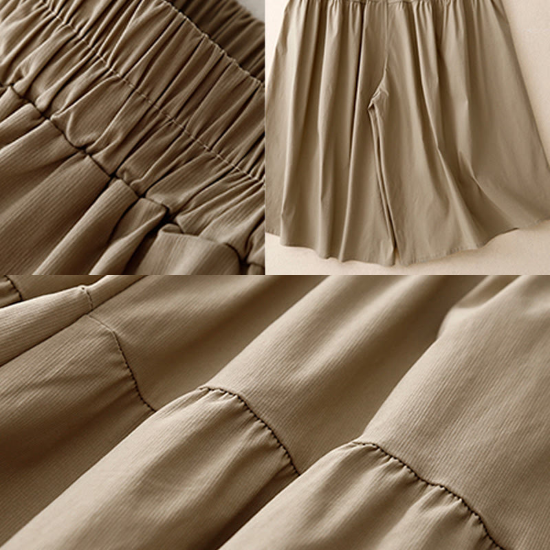 Buddha Stones Casual Loose Plain Women's Cotton Elastic 7-8 Length Wide Leg Pants With Pockets