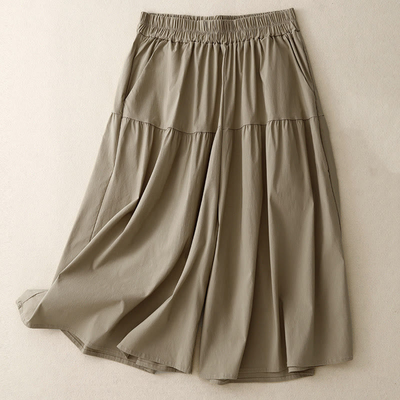 Buddha Stones Casual Loose Plain Women's Cotton Elastic 7-8 Length Wide Leg Pants With Pockets