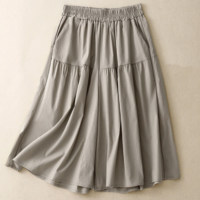 Buddha Stones Casual Loose Plain Women's Cotton Elastic 7-8 Length Wide Leg Pants With Pockets