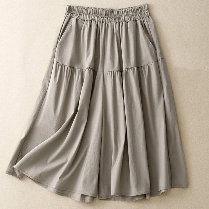 Buddha Stones Casual Loose Plain Women's Cotton Elastic 7-8 Length Wide Leg Pants With Pockets