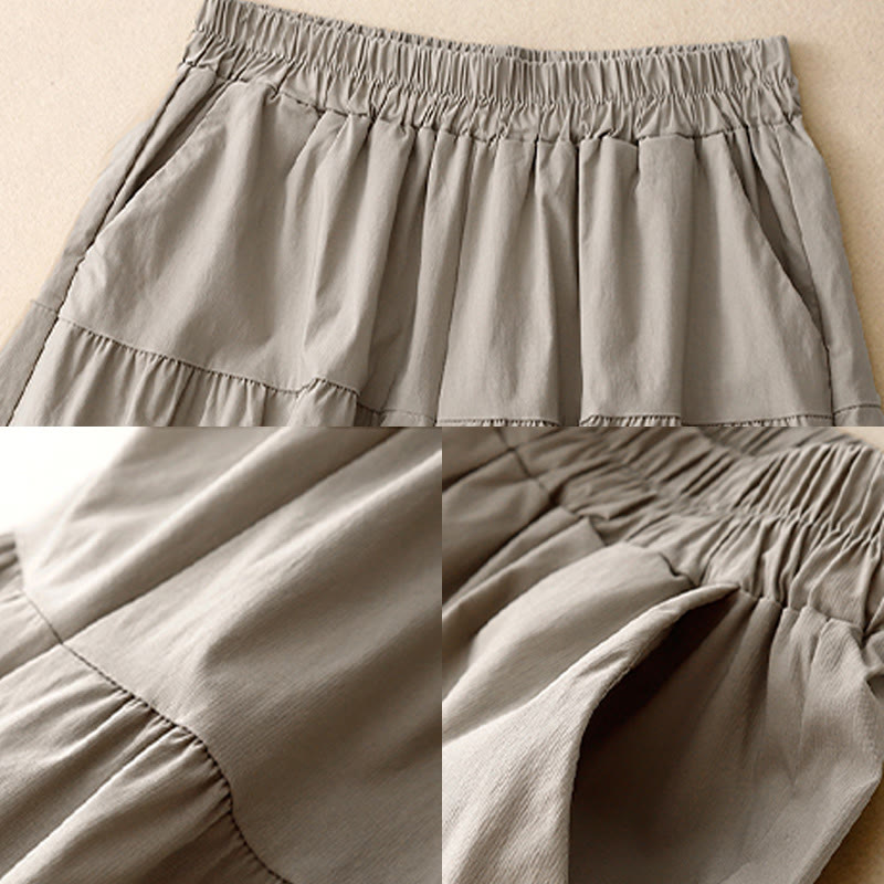 Buddha Stones Casual Loose Plain Women's Cotton Elastic 7-8 Length Wide Leg Pants With Pockets