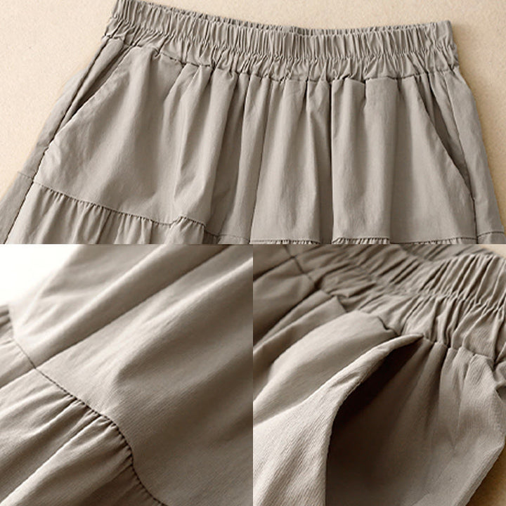 Buddha Stones Casual Loose Plain Women's Cotton Elastic 7-8 Length Wide Leg Pants With Pockets