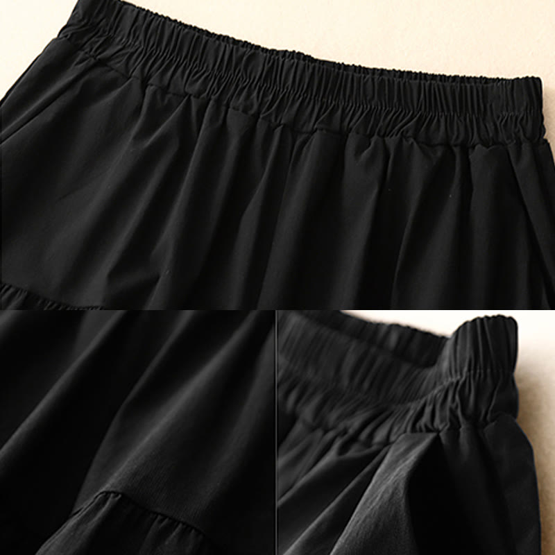 Buddha Stones Casual Loose Plain Women's Cotton Elastic 7-8 Length Wide Leg Pants With Pockets