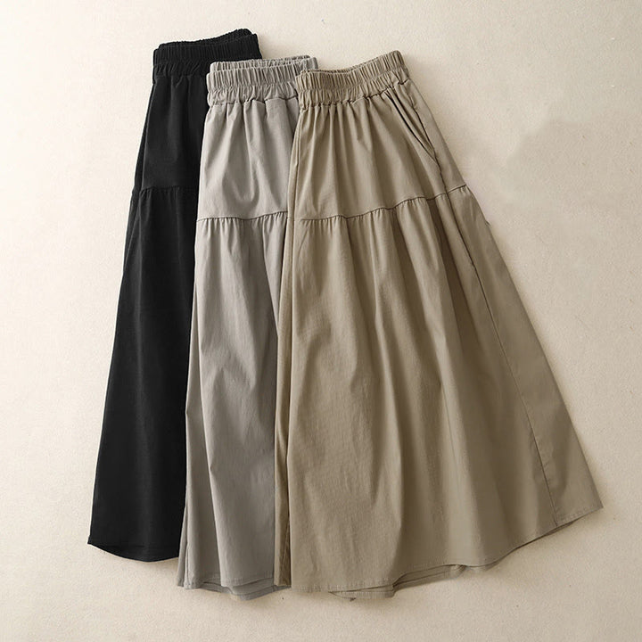 Buddha Stones Casual Loose Plain Women's Cotton Elastic 7-8 Length Wide Leg Pants With Pockets