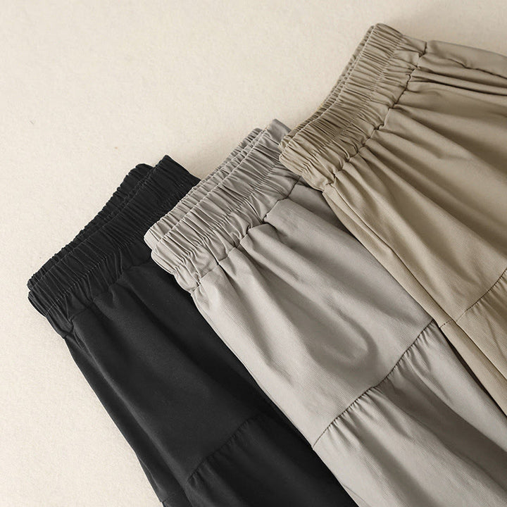 Buddha Stones Casual Loose Plain Women's Cotton Elastic 7-8 Length Wide Leg Pants With Pockets