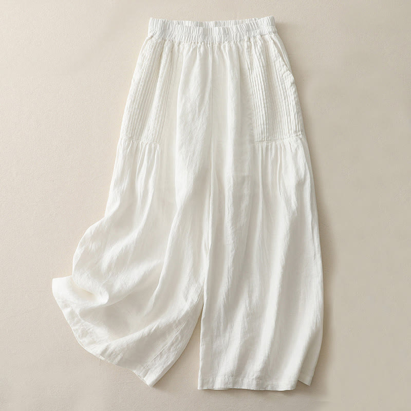 Buddha Stones Casual Plain Tucker Pleats Elastic Women's Polyester Wide Leg Pants With Pockets - White - US8-10,UK/AU12-14,EU40-42 (2XL) - image 5