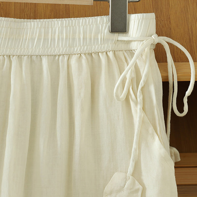 Buddha Stones Casual Plain Lined Ribbon Elastic Women's Polyester Wide Leg Pants With Pockets