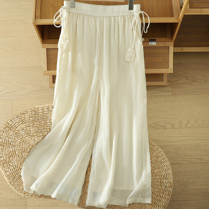 Buddha Stones Casual Plain Lined Ribbon Elastic Women's Polyester Wide Leg Pants With Pockets