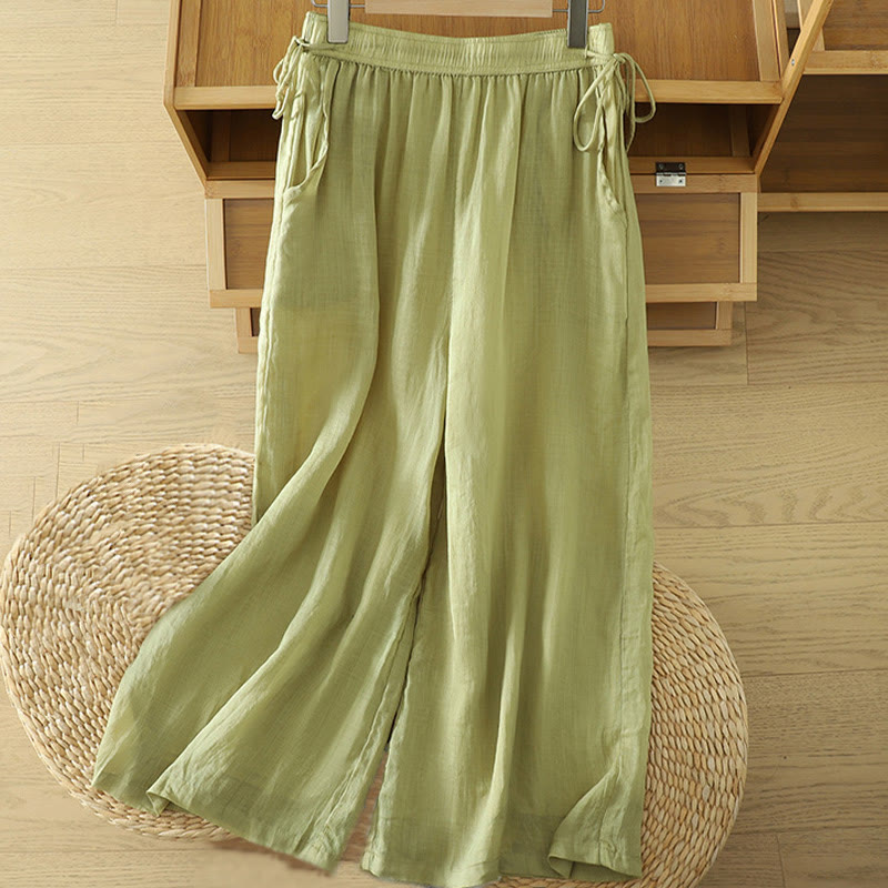 Buddha Stones Casual Plain Lined Ribbon Elastic Women's Polyester Wide Leg Pants With Pockets