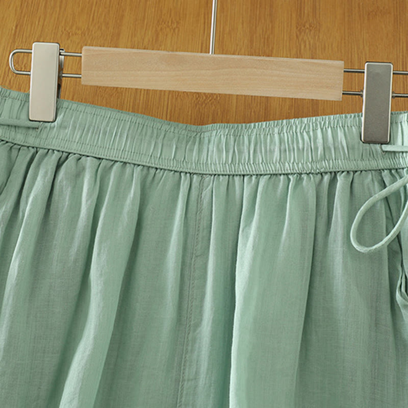 Buddha Stones Casual Plain Lined Ribbon Elastic Women's Polyester Wide Leg Pants With Pockets