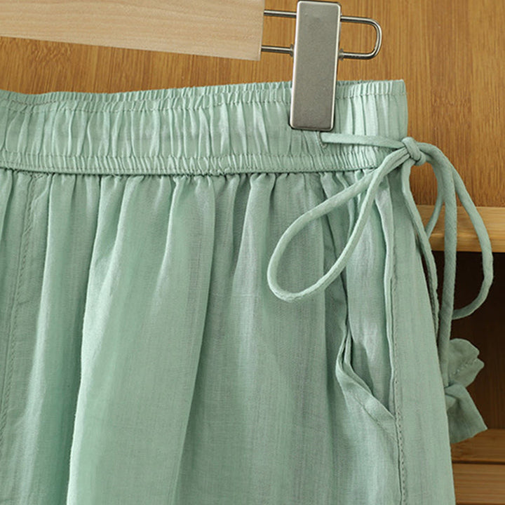 Buddha Stones Casual Plain Lined Ribbon Elastic Women's Polyester Wide Leg Pants With Pockets